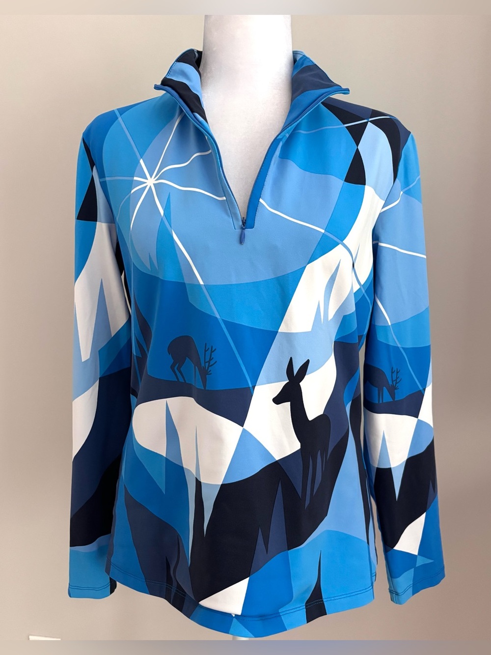 J.McLaughlin Bedford 1/4 Zip Top Long Sleeve Blue White Winterwonderland Women L - Picture 13 of 13